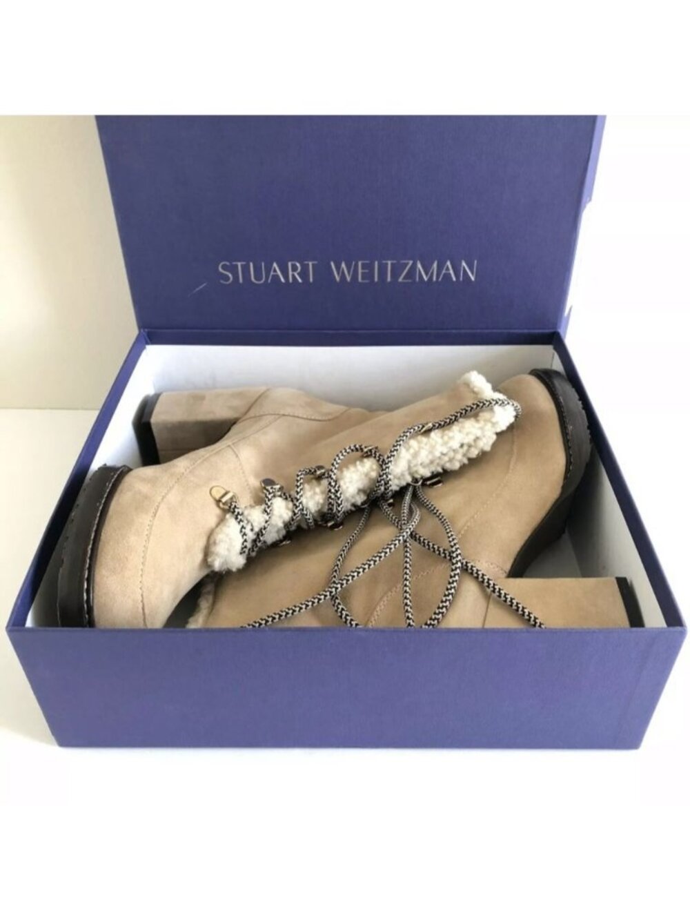 NWT Stuart Weitzman | Yukon Fur Trim Block Heel Boots | Cream Tan
